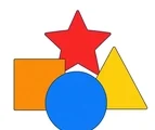 Blue circle, orange square, yellow triangle, and red star arranged in a compact layered group on a white background.