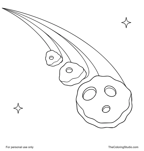 Comet breaking into three large rocky sections with broad shared tail bands and two small twinkles on white.