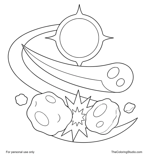 Solar eclipse, sweeping comet, and asteroid collision arranged together in a colorful cosmic cover on a white background.