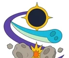 Solar eclipse, sweeping comet, and asteroid collision arranged together in a colorful cosmic cover on a white background.