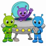 Three colorful aliens gathered around a landed UFO, with one waving from the dome and another holding a moon rock.