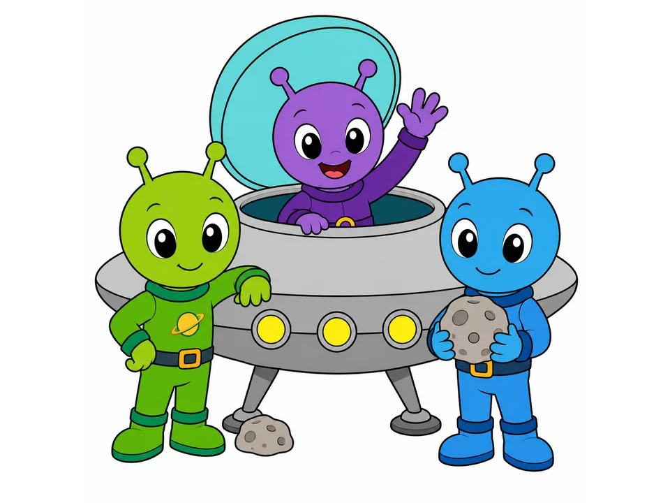 Three colorful aliens gathered around a landed UFO, with one waving from the dome and another holding a moon rock.