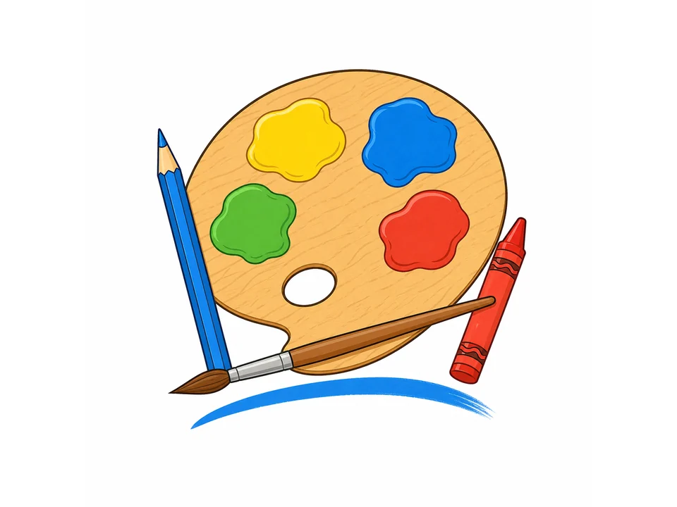 Art supplies collection with a paint palette, artist paintbrush, colored pencil, crayon, and colorful paint dabs.