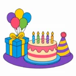 Birthday cover with a cake, balloons, gift box, and party hat grouped together on a white background.