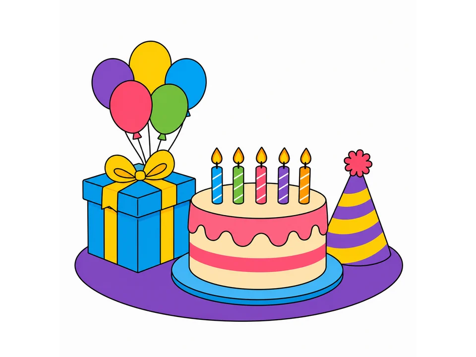 Birthday cover with a cake, balloons, gift box, and party hat grouped together on a white background.