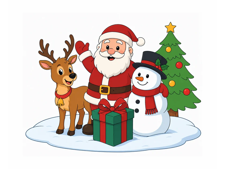 Santa with a reindeer, snowman and wrapped gift arranged together in a festive Christmas scene.