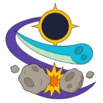 Solar eclipse, sweeping comet, and asteroid collision arranged together in a colorful cosmic cover on a white background.