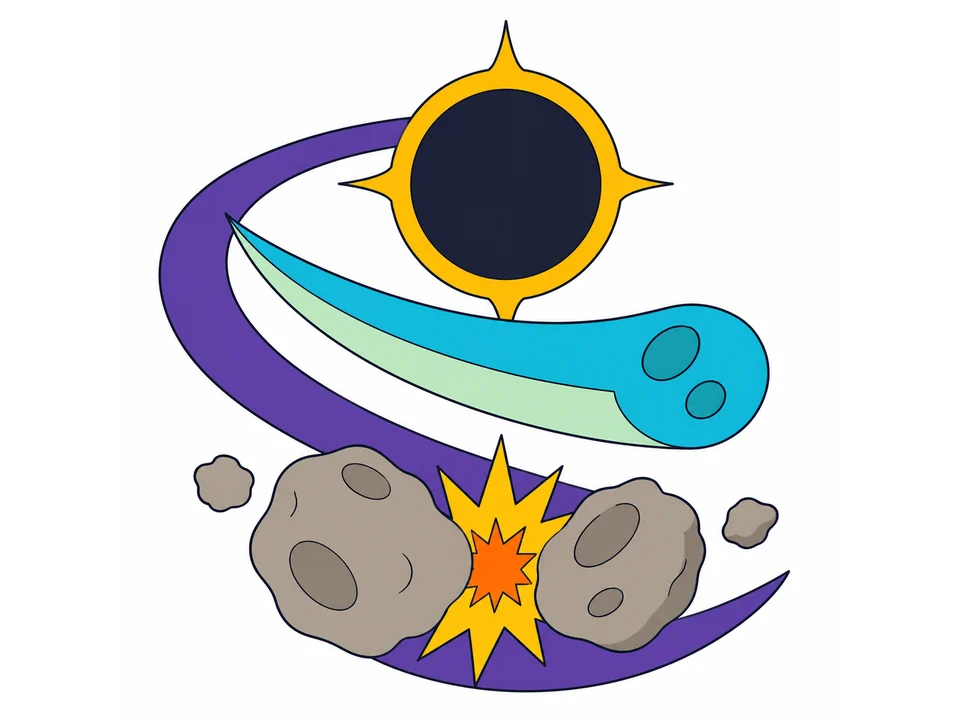 Solar eclipse, sweeping comet, and asteroid collision arranged together in a colorful cosmic cover on a white background.