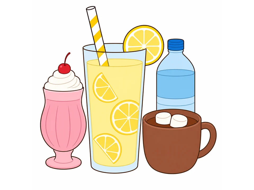 Lemonade, milkshake, hot chocolate, and water bottle arranged together on a white background.