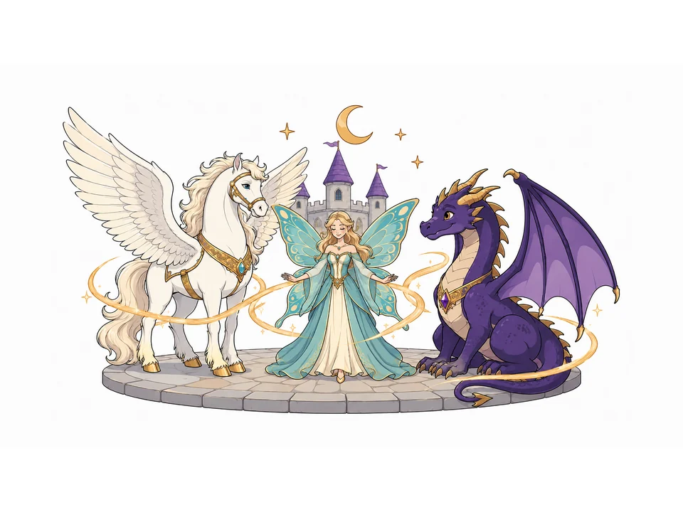 Pegasus, friendly dragon and winged fairy gathered on a stone platform with a distant fantasy castle.