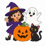 Witch, ghost, black cat, and smiling jack o lantern grouped together on a white background.