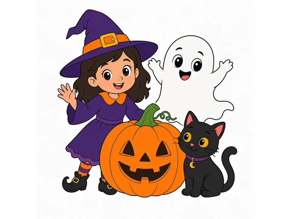 Witch, ghost, black cat, and smiling jack o lantern grouped together on a white background.