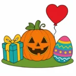Festive holiday cover with a pumpkin, gift box, decorated Easter egg, and heart balloon on a white background.