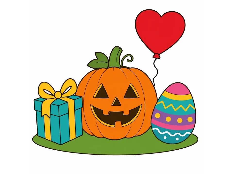 Festive holiday cover with a pumpkin, gift box, decorated Easter egg, and heart balloon on a white background.
