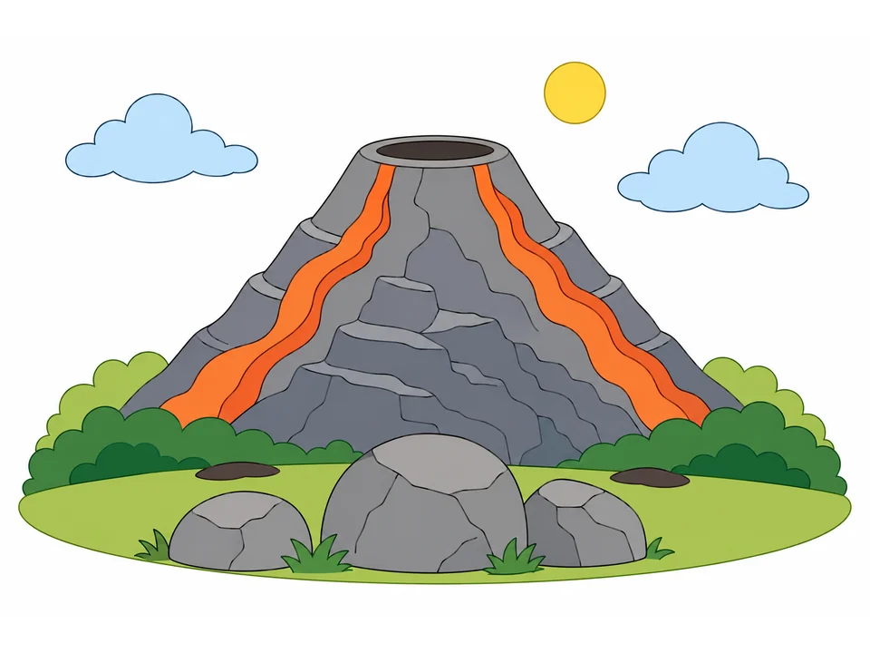 Rounded volcano with a glowing crater, gentle lava streams, rocks, clouds, and a small sun.