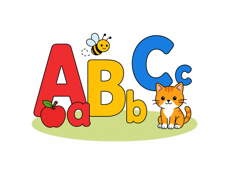 Large ABC letters with lowercase pairs, an apple, a bee, and a cat on a simple white background.