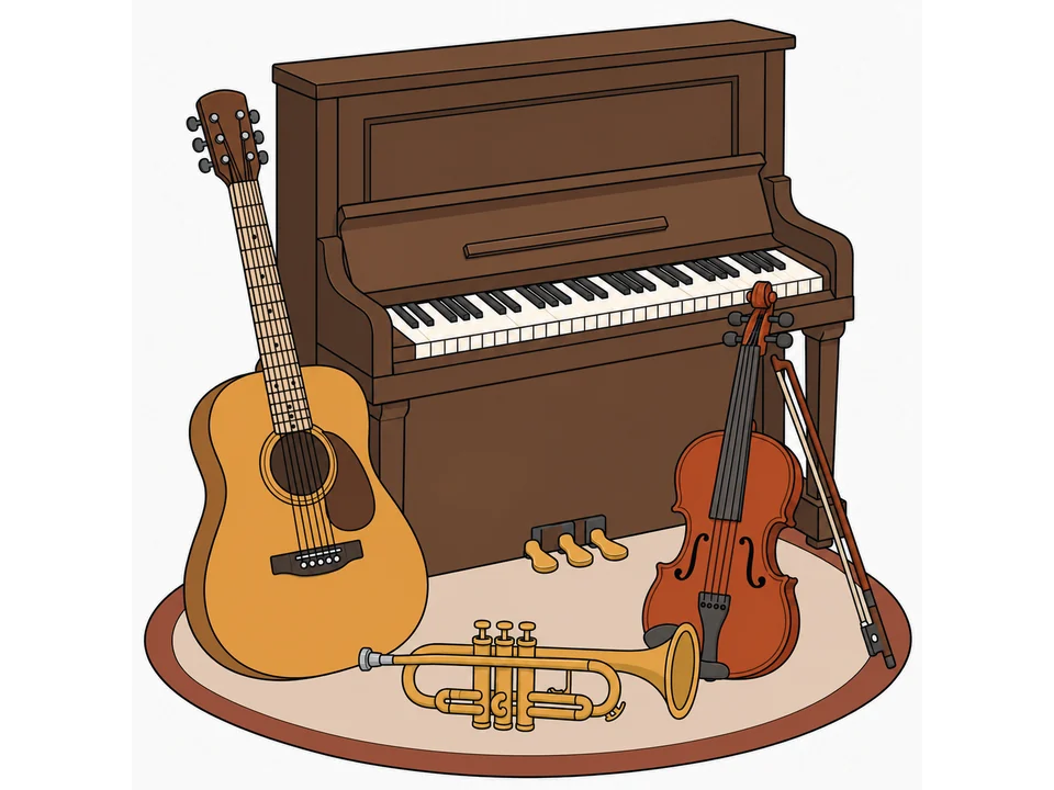 Upright piano, acoustic guitar, violin with bow, and trumpet arranged together on a simple oval rug.