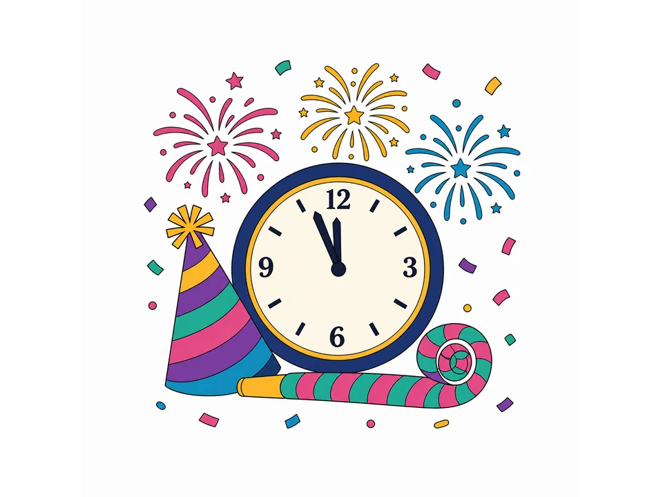 New Year scene with a midnight clock, party hat, curled horn, fireworks and colorful confetti.