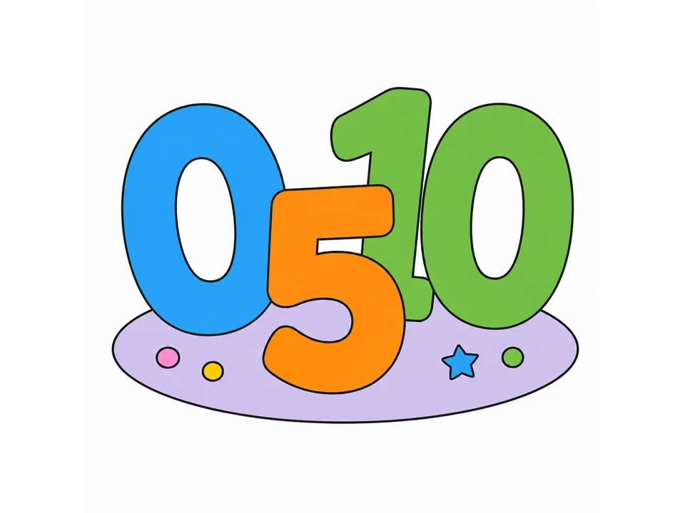 Large numbers 0, 5, and 10 grouped together with simple counting accents on a white background.