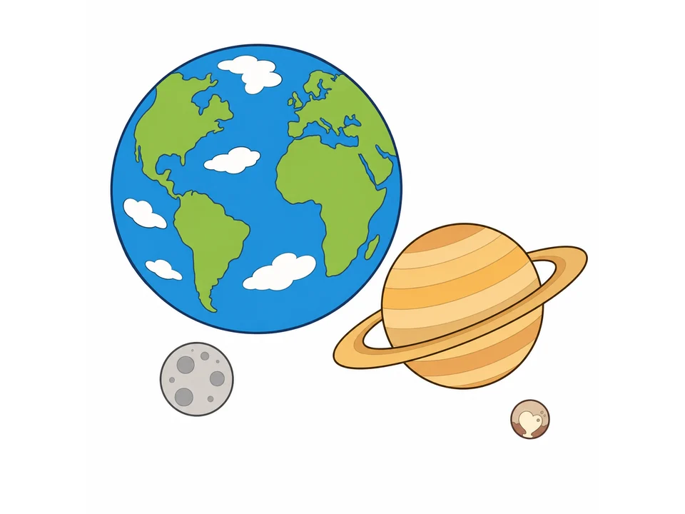 Earth with Saturn, the Moon, and tiny Pluto arranged together on a white background.