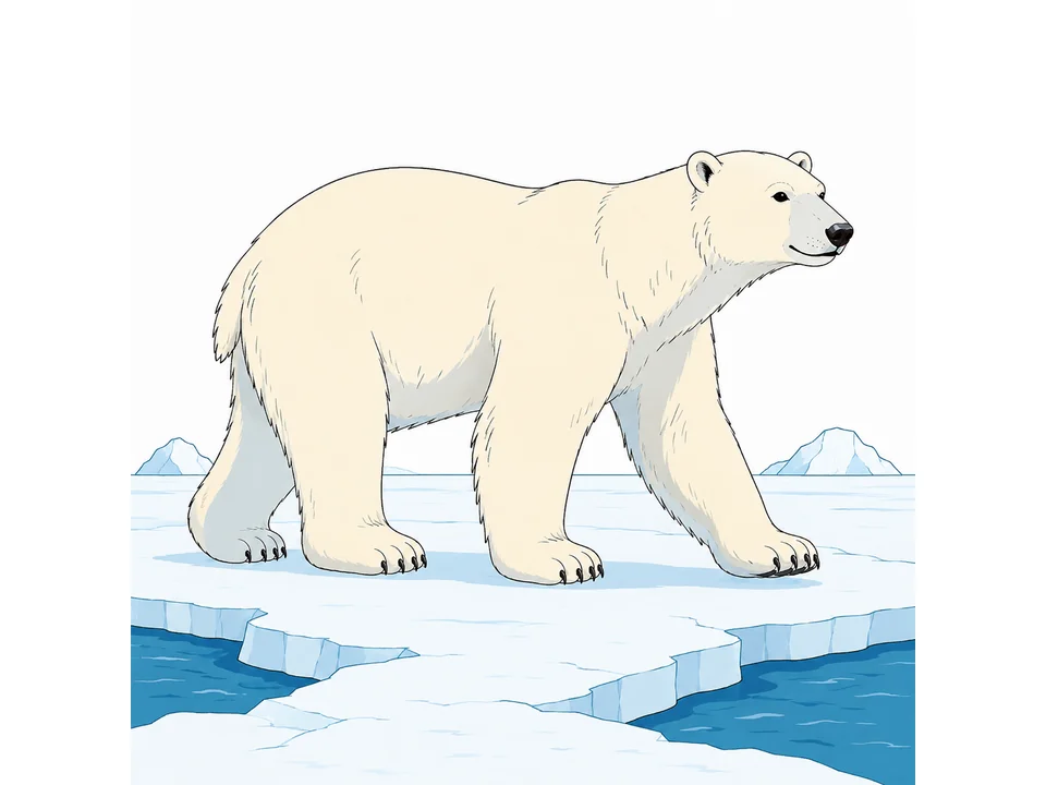 Polar bear walking across an Arctic ice floe with open water and distant rounded ice shapes.