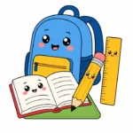 Backpack, open book, pencil, and ruler grouped together with friendly faces on a white background.