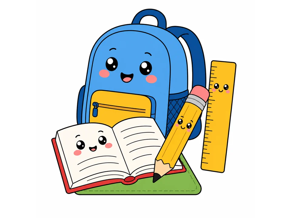 Backpack, open book, pencil, and ruler grouped together with friendly faces on a white background.