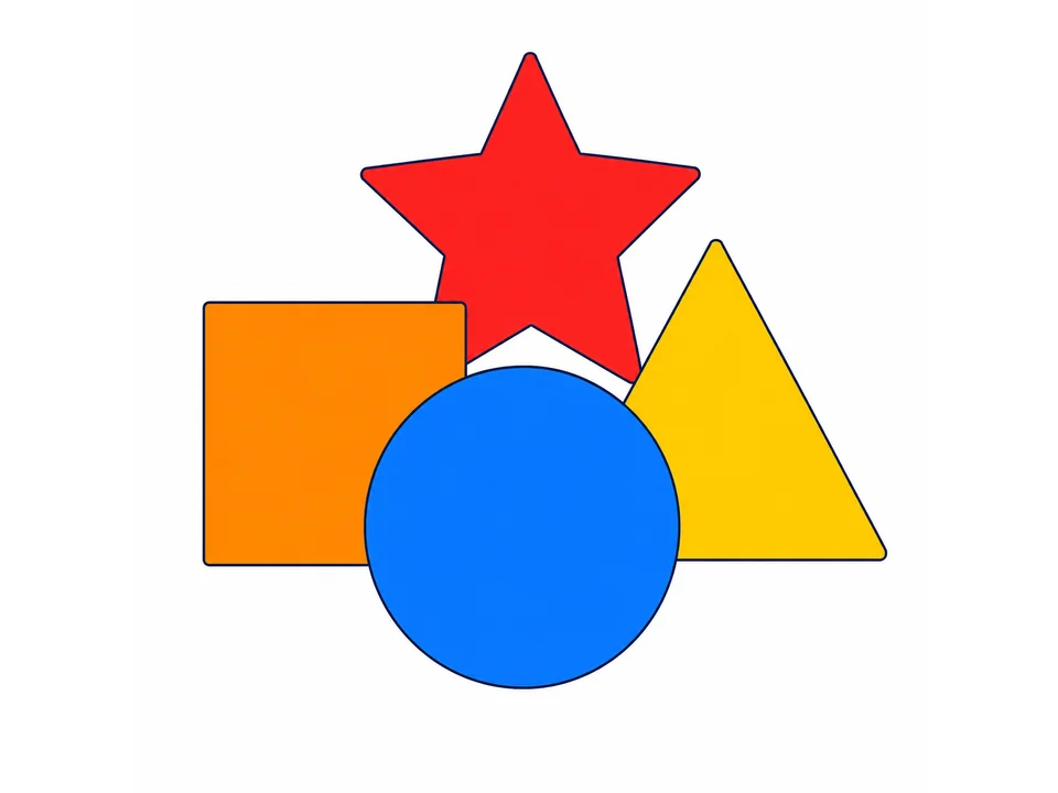 Blue circle, orange square, yellow triangle, and red star arranged in a compact layered group on a white background.