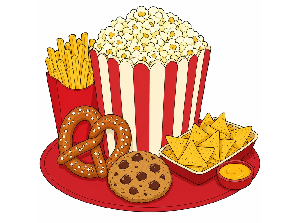 Movie-night snack spread with popcorn, pretzel, nachos, fries, cheese dip, and a cookie on white.