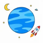 Bright space category cover with a blue planet, small rocket, crescent moon, UFO, and simple stars.