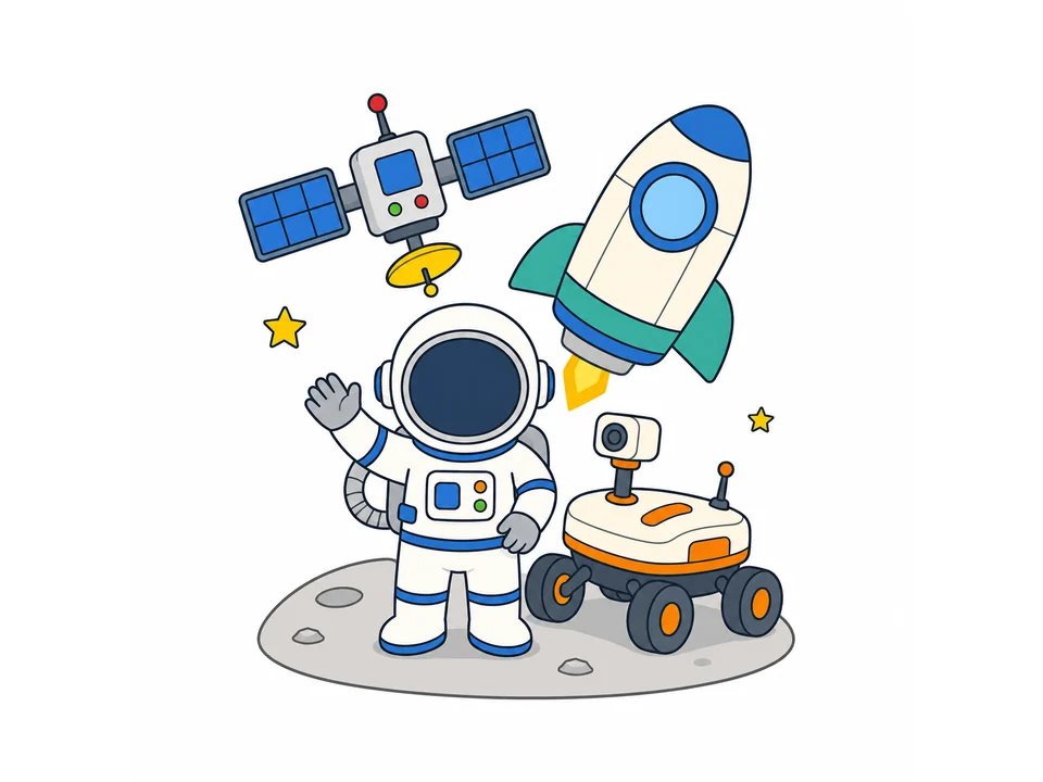 Astronaut, spaceship, satellite, and Mars robot grouped together on a simple white background.