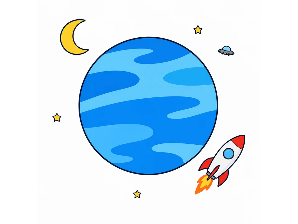 Bright space category cover with a blue planet, small rocket, crescent moon, UFO, and simple stars.