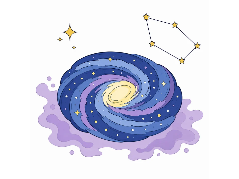 Spiral galaxy with a bright star, simple constellation, and colorful nebula on a white background.