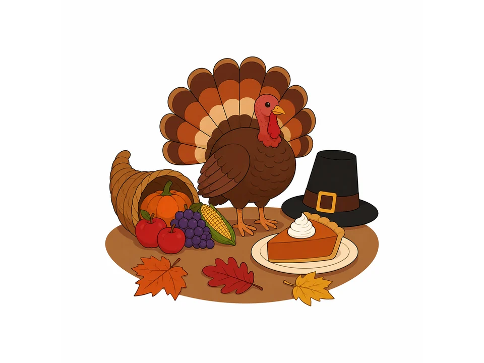 Thanksgiving collection scene with a turkey, cornucopia, pumpkin pie and pilgrim hat on a shared autumn base.