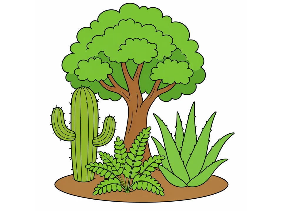 Leafy tree, cactus, fern, and aloe vera grouped on a simple ground patch with a white background.