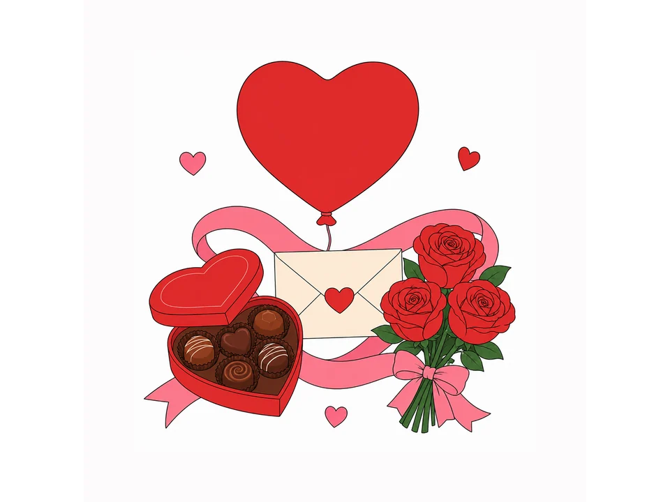 Valentine’s Day cover with heart balloon, chocolate box, rose bouquet and sealed envelope.