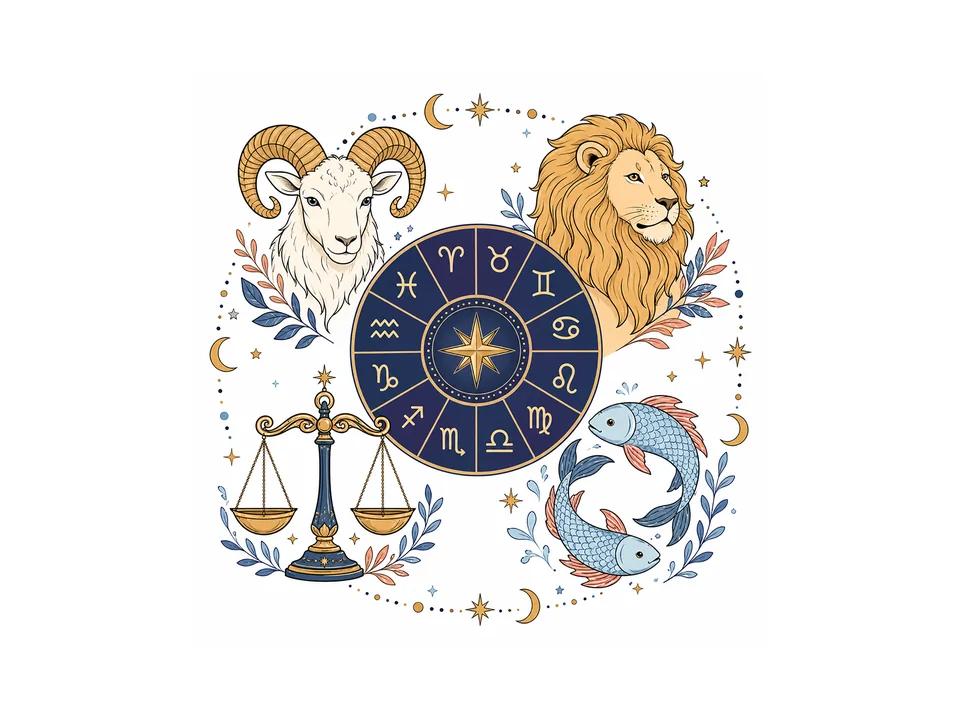 Zodiac wheel with twelve glyph sectors surrounded by Aries, Leo, Libra and Pisces in one connected celestial composition.