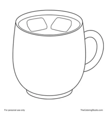 Large mug of hot chocolate with two marshmallows and a curved handle on a white background.