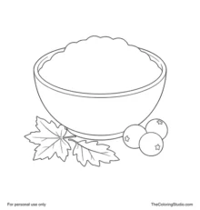 Rounded bowl of red cranberry sauce with three cranberries and two autumn leaves beside it.