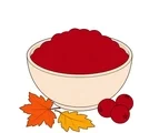Rounded bowl of red cranberry sauce with three cranberries and two autumn leaves beside it.