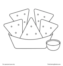 Five triangular nacho chips in a red snack tray with a small bowl of yellow cheese dip on a white background.
