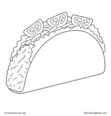 Golden hard-shell taco with lettuce, cheese, brown filling, and red tomato pieces on white.