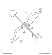 Pink Cupid bow with a red heart-tipped arrow, tied ribbon and two small hearts on white.