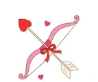 Pink Cupid bow with a red heart-tipped arrow, tied ribbon and two small hearts on white.