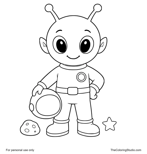 Blue alien explorer in an orange space suit holding a round helmet beside a moon rock on white.