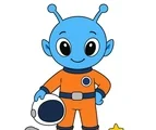 Blue alien explorer in an orange space suit holding a round helmet beside a moon rock on white.