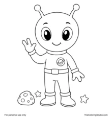 Curious green alien waving in a purple space suit with small moon rock and star details on white.