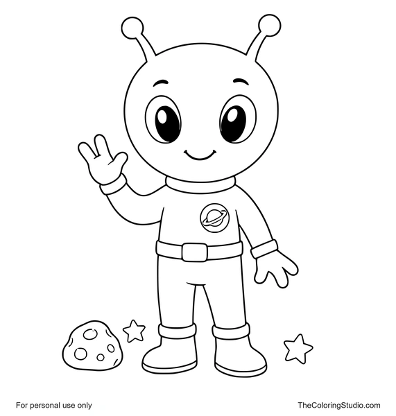 Curious green alien waving in a purple space suit with small moon rock and star details on white.
