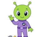 Curious green alien waving in a purple space suit with small moon rock and star details on white.