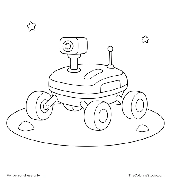 Mars exploration robot with rounded wheels on a small ground patch and tiny stars on a white background.